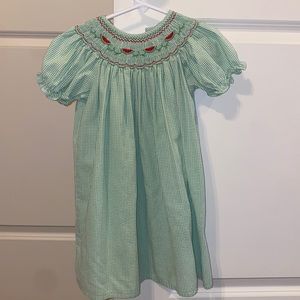 Green seat sucker with watermelon smocked dress
